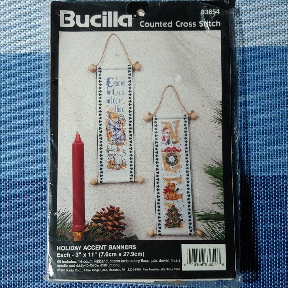 Bucilla Counted Cross Stitch Holiday Banners - Red, Blue, Gold
